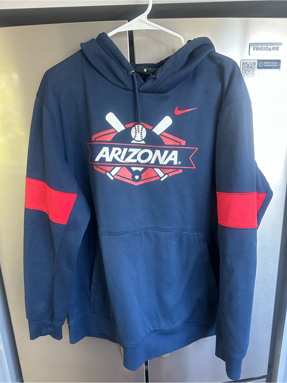 Nike Men's Navy Hoodie with Red Sleeve Stripes and Arizona Graphic